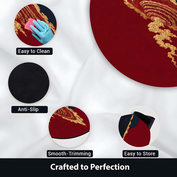 Japanese Abstract Round Area Rug | Minimalist Red & Gold Circular Floor Mat | Modern Oriental Art Round Rug for Living Room, Bedroom, Reading Corner & Contemporary Home Decor