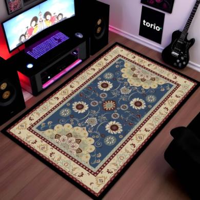 Classic Blue Floral Vintage Floor Mat (3 mm Thick) | Royal Traditional Pattern Area Mat for Living Room, Bedroom & Elegant Home Decor