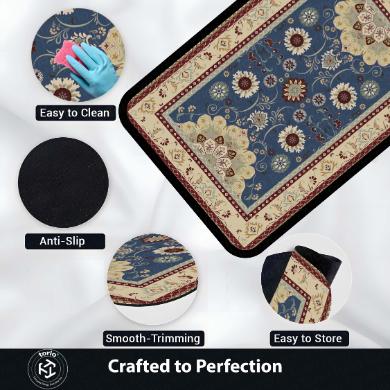 Classic Blue Floral Vintage Floor Mat (3 mm Thick) | Royal Traditional Pattern Area Mat for Living Room, Bedroom & Elegant Home Decor