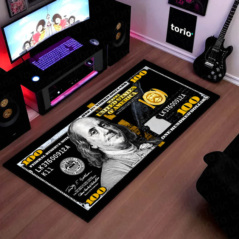 Black & Gold Dollar Bedside Runner (3 mm Thick) | Luxury Money-Themed Bedroom Floor Mat for Modern Home Decor