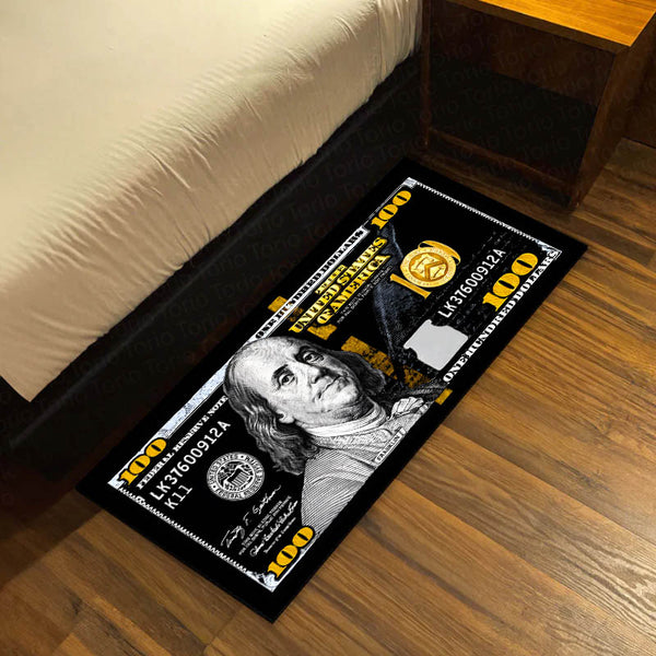 Black & Gold Dollar Bedside Runner (3 mm Thick) | Luxury Money-Themed Bedroom Floor Mat for Modern Home Decor