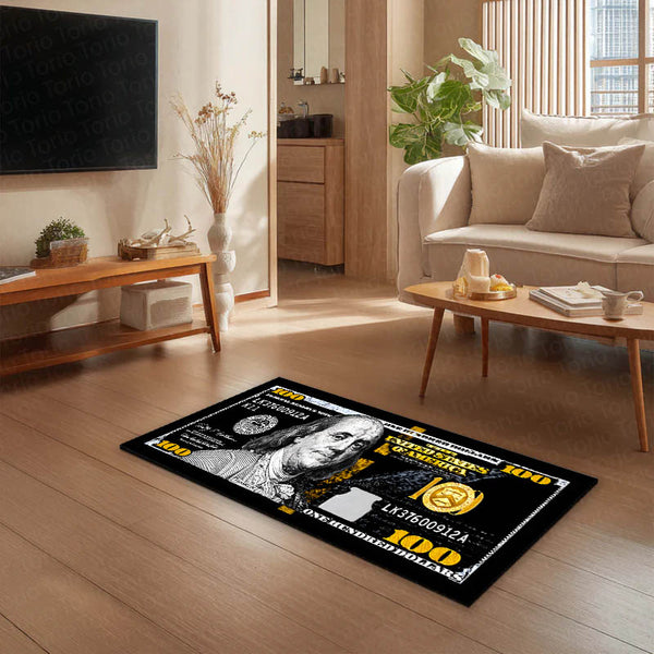 Black & Gold Dollar Bedside Runner (3 mm Thick) | Luxury Money-Themed Bedroom Floor Mat for Modern Home Decor