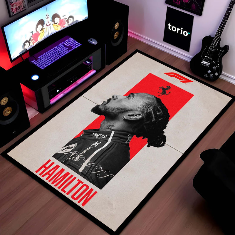 Lewis Hamilton Scuderia Ferrari F1 Area Flat Rug | Formula 1 Racing Legend Area Flat Rug | Premium Motorsport Living Room & Gaming Room Floor Decor