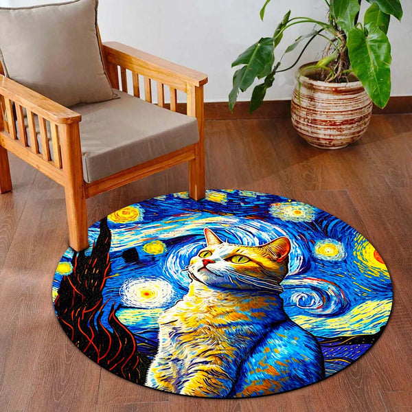 Starry Night Cat Rounded Flat Rug | Artistic Cat Round Floor Rug | Blue & Yellow Home Décor