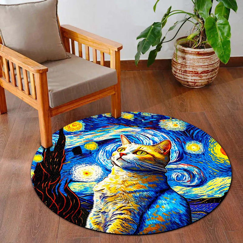 Starry Night Cat Rounded Flat Rug | Artistic Cat Round Floor Rug | Blue & Yellow Home Décor