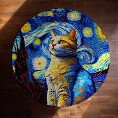 Starry Night Cat Rounded Flat Rug | Artistic Cat Round Floor Rug | Blue & Yellow Home Décor