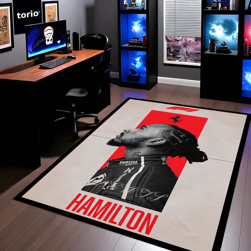 Lewis Hamilton Scuderia Ferrari F1 Area Flat Rug | Formula 1 Racing Legend Area Flat Rug | Premium Motorsport Living Room & Gaming Room Floor Decor
