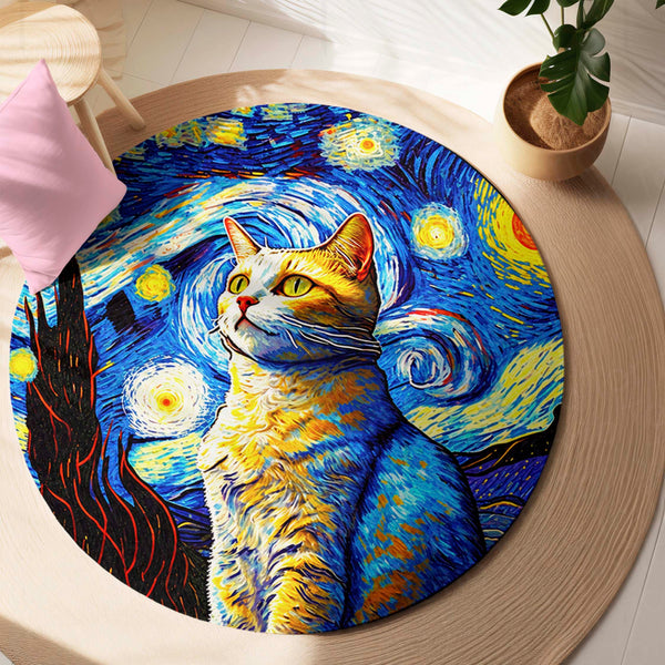 Starry Night Cat Rounded Flat Rug | Artistic Cat Round Floor Rug | Blue & Yellow Home Décor