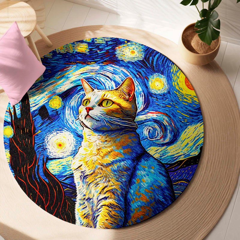 Starry Night Cat Rounded Flat Rug | Artistic Cat Round Floor Rug | Blue & Yellow Home Décor