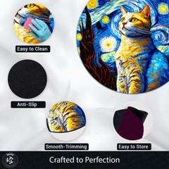 Starry Night Cat Rounded Flat Rug | Artistic Cat Round Floor Rug | Blue & Yellow Home Décor