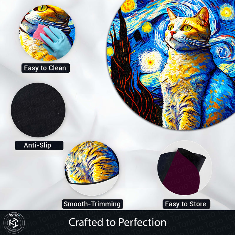 Starry Night Cat Rounded Flat Rug | Artistic Cat Round Floor Rug | Blue & Yellow Home Décor