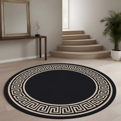 Luxury Greek Key Round Area Rug | Black & Beige Circular Floor Mat | Modern Geometric Border Round Rug for Living Room, Bedroom, Dining Area & Elegant Home Decor