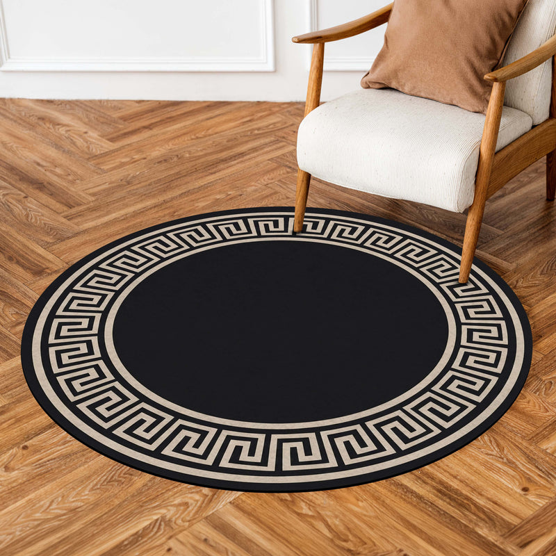 Luxury Greek Key Round Area Rug | Black & Beige Circular Floor Mat | Modern Geometric Border Round Rug for Living Room, Bedroom, Dining Area & Elegant Home Decor