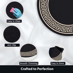 Luxury Greek Key Round Area Rug | Black & Beige Circular Floor Mat | Modern Geometric Border Round Rug for Living Room, Bedroom, Dining Area & Elegant Home Decor