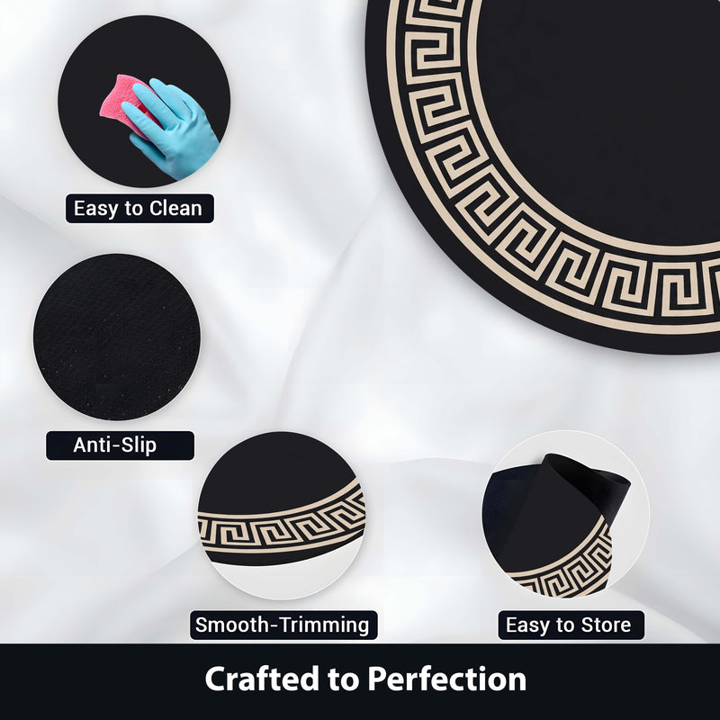 Luxury Greek Key Round Area Rug | Black & Beige Circular Floor Mat | Modern Geometric Border Round Rug for Living Room, Bedroom, Dining Area & Elegant Home Decor