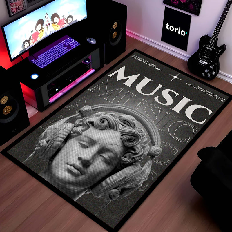 Classical Music Sculpture Area Flat Rug | Greek Marble Head with Headphones Area Flat Rug | Premium Aesthetic Living Room & Gaming Room Floor Decor