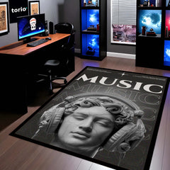 Classical Music Sculpture Area Flat Rug | Greek Marble Head with Headphones Area Flat Rug | Premium Aesthetic Living Room & Gaming Room Floor Decor