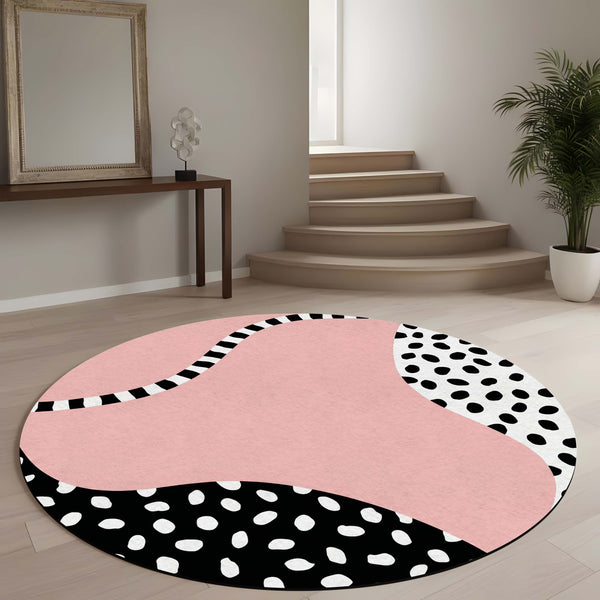 Abstract Blush Pink Round Area Rug | Modern Geometric Floor Mat | Scandinavian Pink Circle Rug for Bedroom, Nursery, Living Room & Contemporary Home Decor