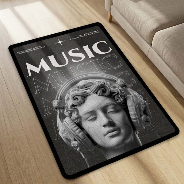 Classical Music Sculpture Area Flat Rug | Greek Marble Head with Headphones Area Flat Rug | Premium Aesthetic Living Room & Gaming Room Floor Decor