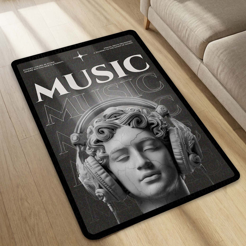 Classical Music Sculpture Area Flat Rug | Greek Marble Head with Headphones Area Flat Rug | Premium Aesthetic Living Room & Gaming Room Floor Decor
