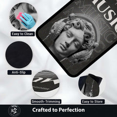 Classical Music Sculpture Area Flat Rug | Greek Marble Head with Headphones Area Flat Rug | Premium Aesthetic Living Room & Gaming Room Floor Decor