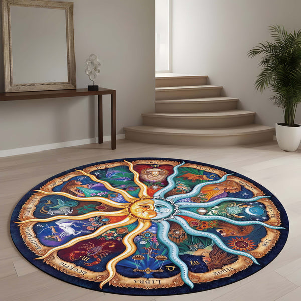 Zodiac Wheel Round Area Rug | Celestial Astrology Floor Mat | Vintage Horoscope Round Rug for Living Room, Meditation Space, Bedroom & Bohemian Home Decor
