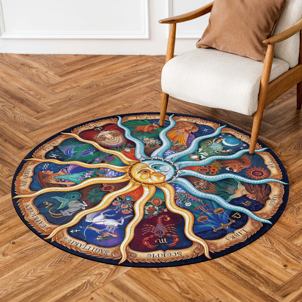 Zodiac Wheel Round Area Rug | Celestial Astrology Floor Mat | Vintage Horoscope Round Rug for Living Room, Meditation Space, Bedroom & Bohemian Home Decor