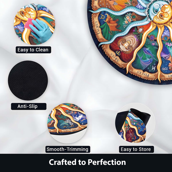 Zodiac Wheel Round Area Rug | Celestial Astrology Floor Mat | Vintage Horoscope Round Rug for Living Room, Meditation Space, Bedroom & Bohemian Home Decor