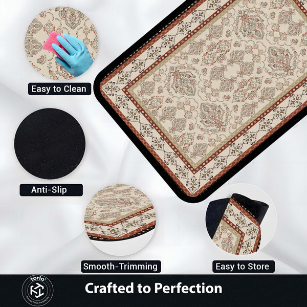 Classic Beige Heritage Floral Floor Mat (3 mm Thick) | Elegant Traditional Pattern Area Mat for Living Room, Bedroom & Timeless Home Decor