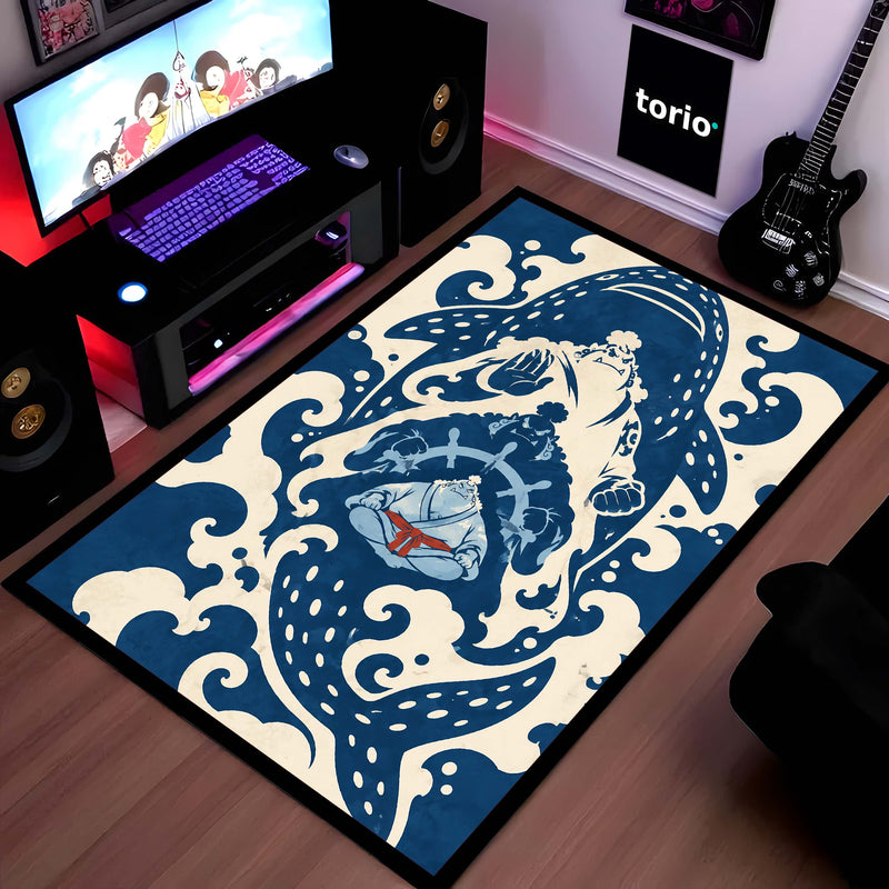 One Piece Jinbe First Son of the Sea Area Rug | Fish-Man Karate Ocean Wave Anime Design | Premium Anti-Slip Flat Area Rug