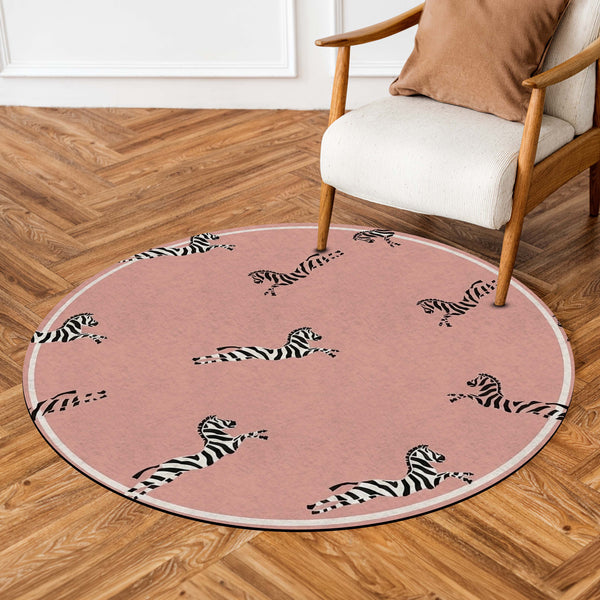 Pink Zebra Round Area Rug | Cute Safari Animal Floor Mat | Pastel Pink Zebra Print Round Rug for Kids Room, Nursery, Bedroom & Modern Home Decor
