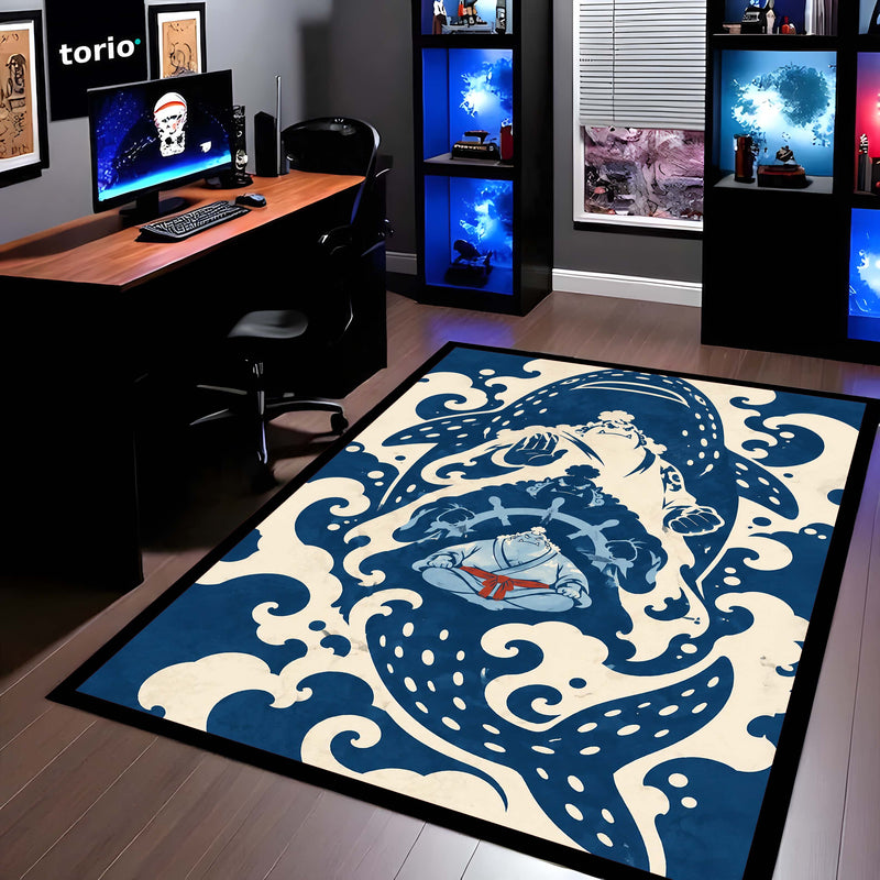 One Piece Jinbe First Son of the Sea Area Rug | Fish-Man Karate Ocean Wave Anime Design | Premium Anti-Slip Flat Area Rug