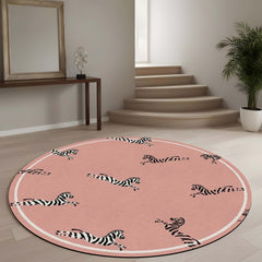 Pink Zebra Round Area Rug | Cute Safari Animal Floor Mat | Pastel Pink Zebra Print Round Rug for Kids Room, Nursery, Bedroom & Modern Home Decor