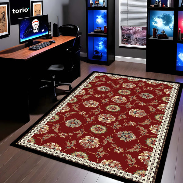 Royal Red Vintage Floral Floor Mat (3 mm Thick) | Classic Traditional Pattern Area Mat for Living Room, Bedroom & Heritage Home Decor