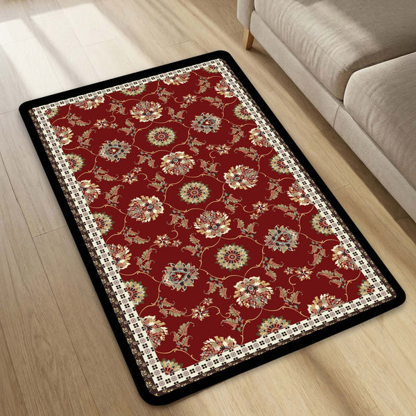 Royal Red Vintage Floral Floor Mat (3 mm Thick) | Classic Traditional Pattern Area Mat for Living Room, Bedroom & Heritage Home Decor