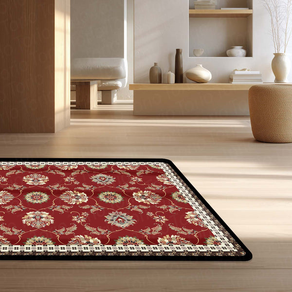 Royal Red Vintage Floral Floor Mat (3 mm Thick) | Classic Traditional Pattern Area Mat for Living Room, Bedroom & Heritage Home Decor