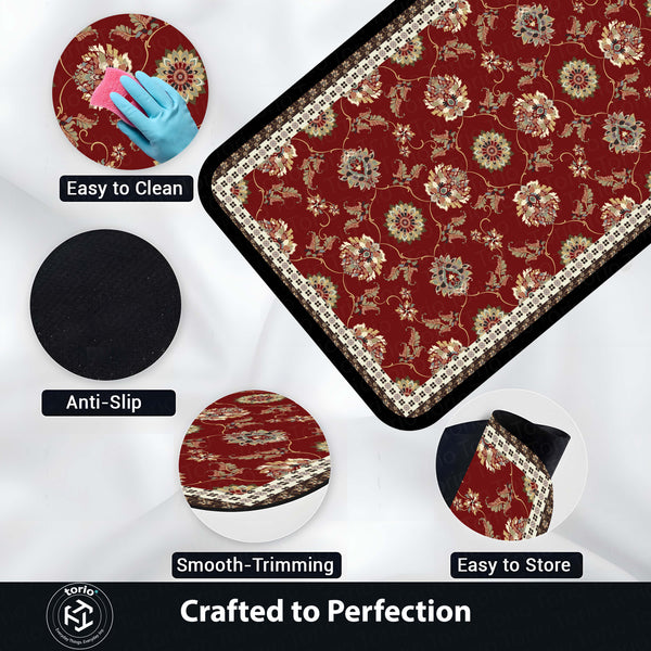 Royal Red Vintage Floral Floor Mat (3 mm Thick) | Classic Traditional Pattern Area Mat for Living Room, Bedroom & Heritage Home Decor