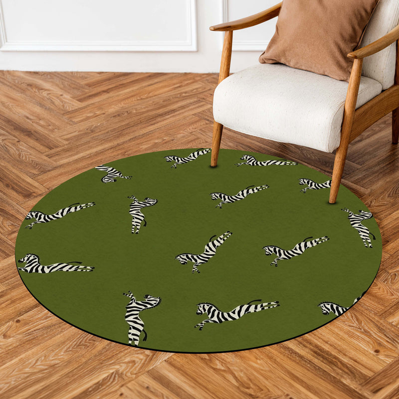 Olive Green Zebra Round Area Rug | Safari Animal Floor Mat | Modern Zebra Print Circle Rug for Kids Room, Nursery, Bedroom & Contemporary Home Decor