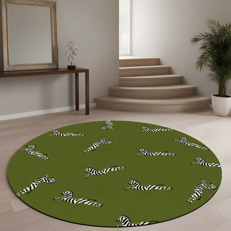 Olive Green Zebra Round Area Rug | Safari Animal Floor Mat | Modern Zebra Print Circle Rug for Kids Room, Nursery, Bedroom & Contemporary Home Decor