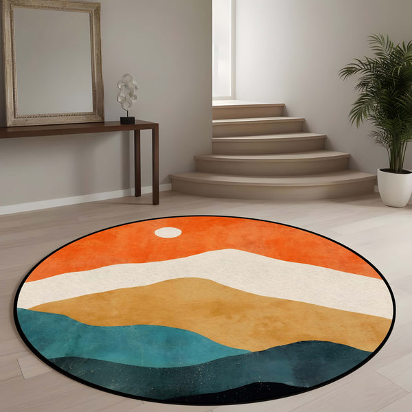 Abstract Landscape Round Area Rug | Modern Boho Circle Floor Mat | Minimalist Contemporary Round Rug for Living Room, Bedroom, Reading Corner & Stylish Home Decor
