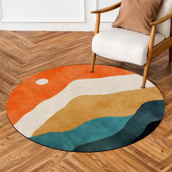 Abstract Landscape Round Area Rug | Modern Boho Circle Floor Mat | Minimalist Contemporary Round Rug for Living Room, Bedroom, Reading Corner & Stylish Home Decor