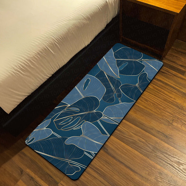 Navy Blue Tropical Leaf Floor Mat (3 mm Thick) | Elegant Botanical Bedroom Bedside Runner for Modern Home Decor