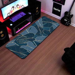 Navy Blue Tropical Leaf Floor Mat (3 mm Thick) | Elegant Botanical Bedroom Bedside Runner for Modern Home Decor
