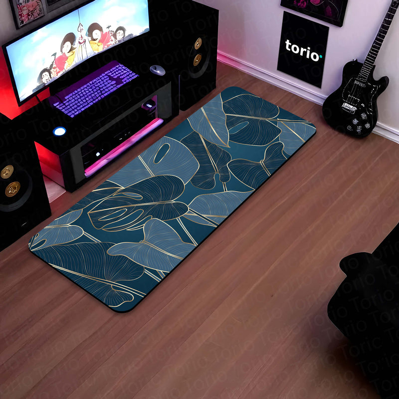 Navy Blue Tropical Leaf Floor Mat (3 mm Thick) | Elegant Botanical Bedroom Bedside Runner for Modern Home Decor