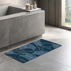 Navy Blue Tropical Leaf Floor Mat (3 mm Thick) | Elegant Botanical Bedroom Bedside Runner for Modern Home Decor