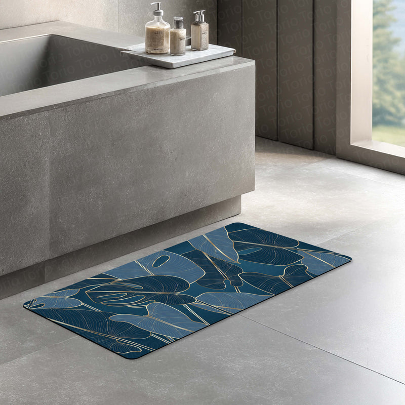 Navy Blue Tropical Leaf Floor Mat (3 mm Thick) | Elegant Botanical Bedroom Bedside Runner for Modern Home Decor