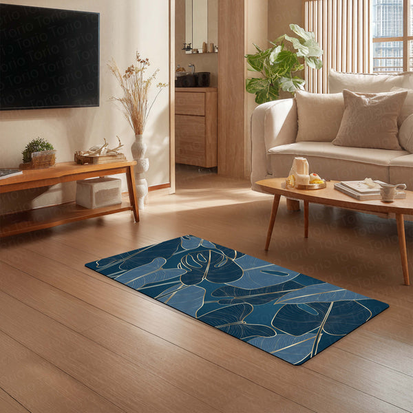 Navy Blue Tropical Leaf Floor Mat (3 mm Thick) | Elegant Botanical Bedroom Bedside Runner for Modern Home Decor