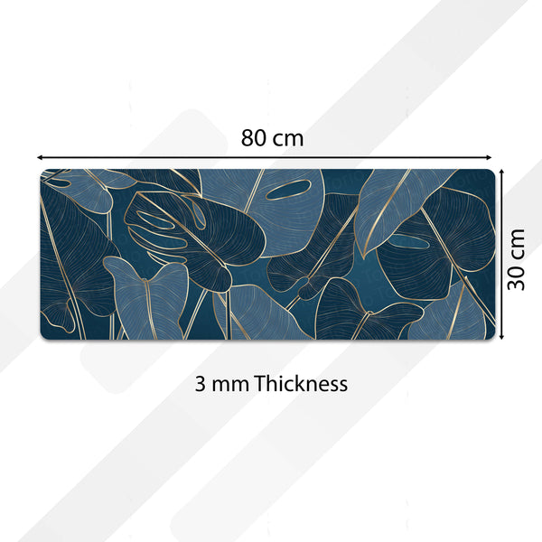 Navy Blue Tropical Leaf Floor Mat (3 mm Thick) | Elegant Botanical Bedroom Bedside Runner for Modern Home Decor