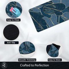 Navy Blue Tropical Leaf Floor Mat (3 mm Thick) | Elegant Botanical Bedroom Bedside Runner for Modern Home Decor