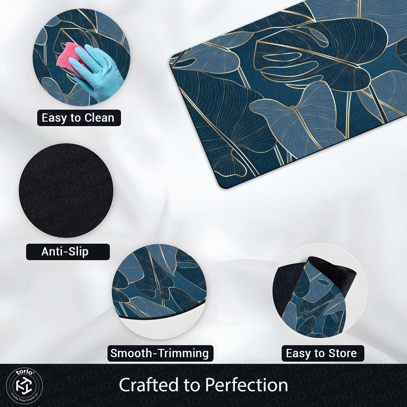 Navy Blue Tropical Leaf Floor Mat (3 mm Thick) | Elegant Botanical Bedroom Bedside Runner for Modern Home Decor